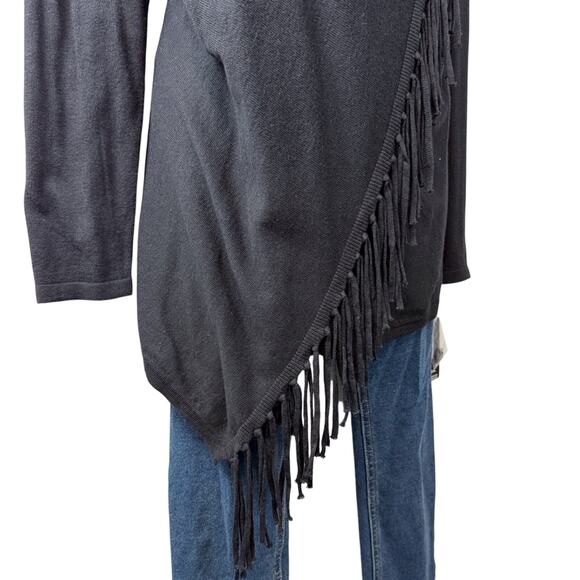 NWT INC Black Fringe Shawl Drape Front Top Long Sleeve Shoulder Buckle - Picture 8 of 16